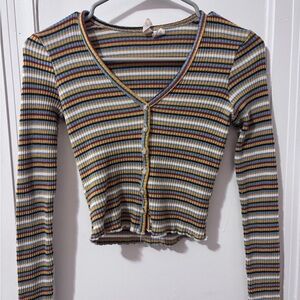 Striped Multicolor Ribbed V-Neck Button-Up Top